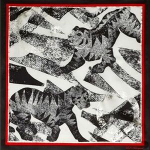 Salvatore Ferragamo Jaguar Print Silk Scarf in Black & White with Red Border